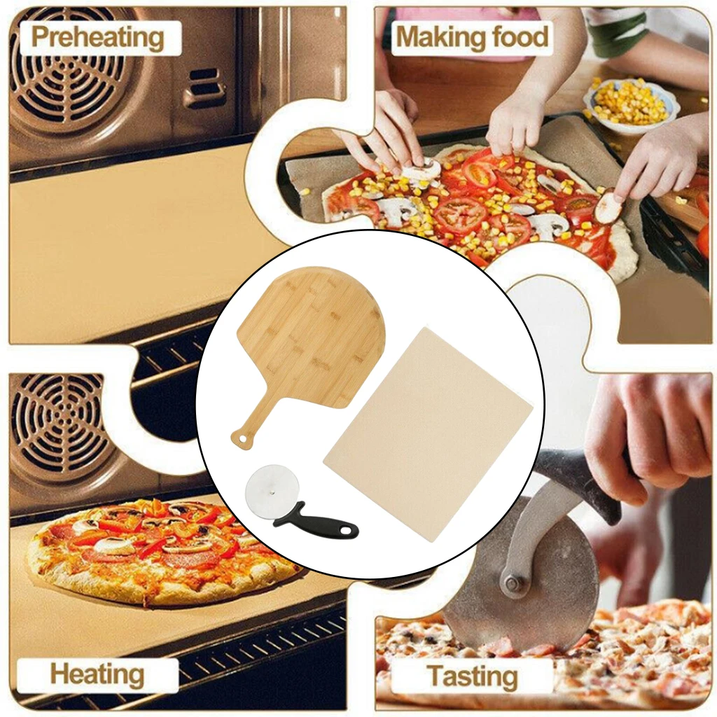 Cordierite Board Pizza Making Set Pizza Stone for Grill Oven Wood Shovel Pizza Wheel Cutter Crispy Crust Cooking Tool