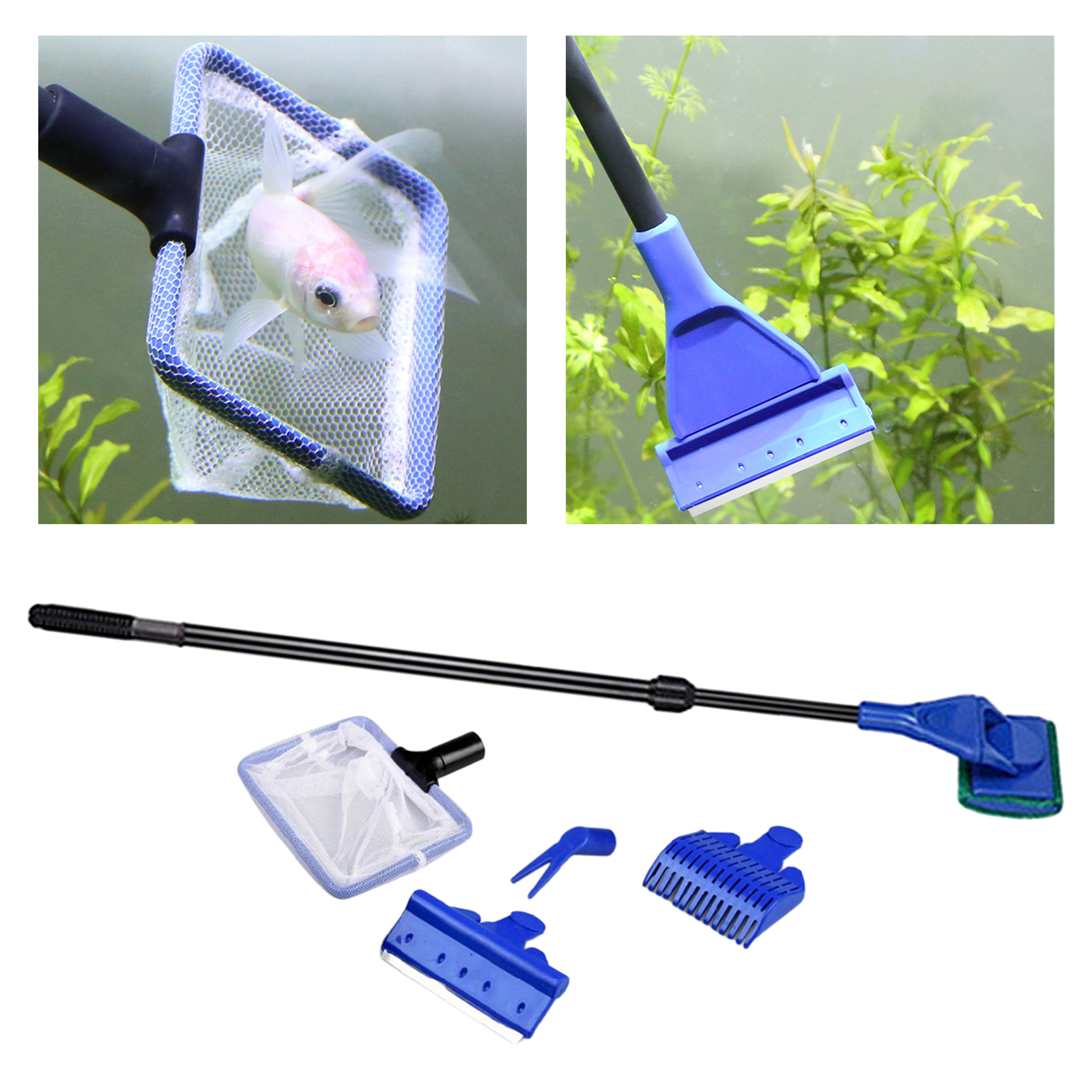 5 in 1 Aquarium Fish Tank Cleaning Kit Multiple Cleaner(Non Slip Handle) Fish Net + Scraper + Rake + Fork + Sponge