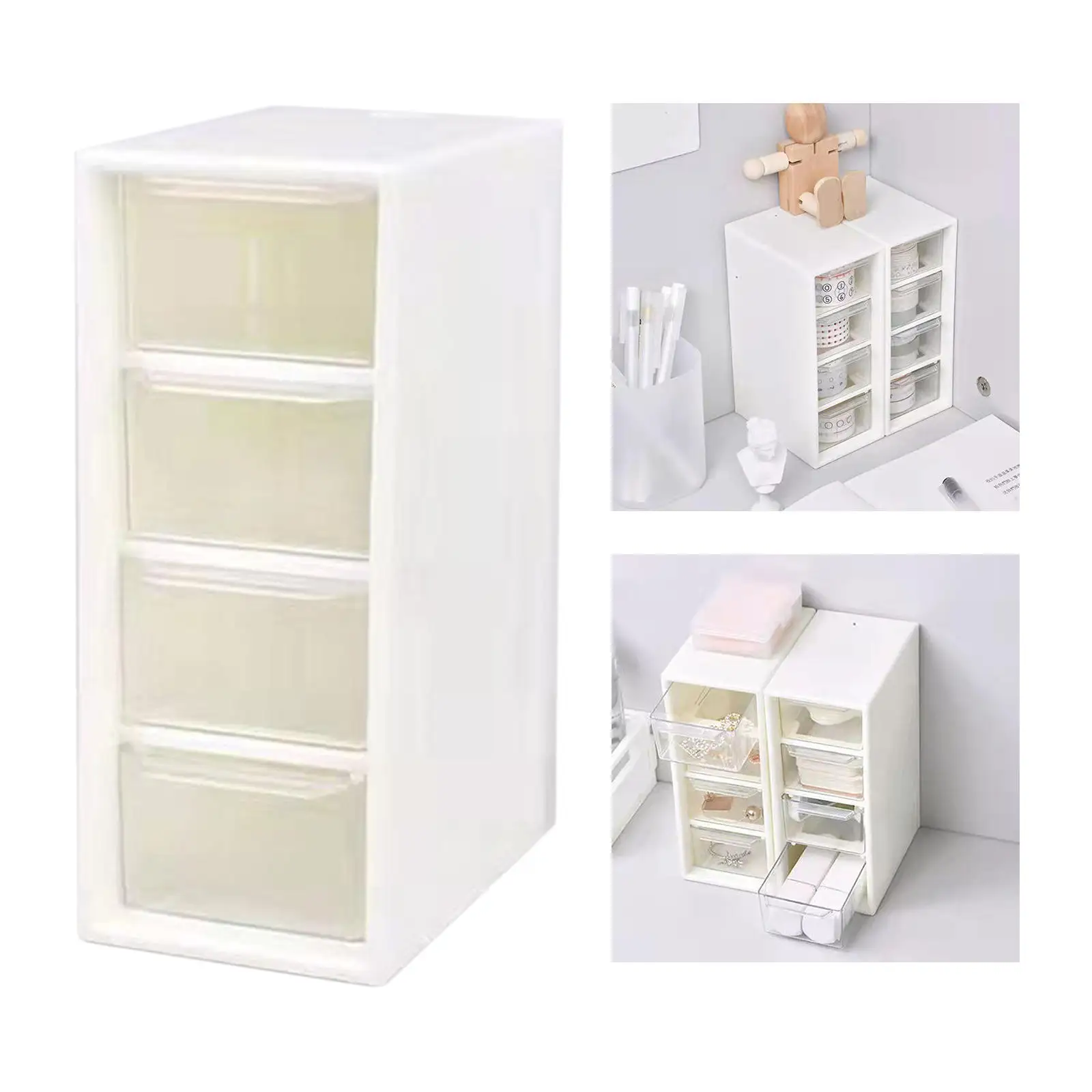 White Desktop Cosmetic Storage Box with 4 Drawer Units Container Case Small Organizer Box for Office Home Makeup 15.7x6.5x9.7cm