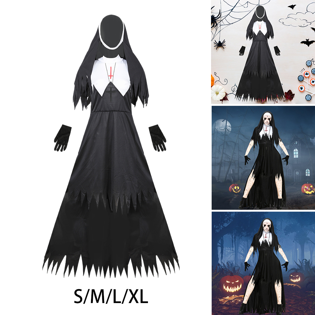 Women's Classic Bewitching Nun Halloween Costume Fancy Dress Hallowmas Cosplay for Ladies Girls Halloween Party Makeup Supplies
