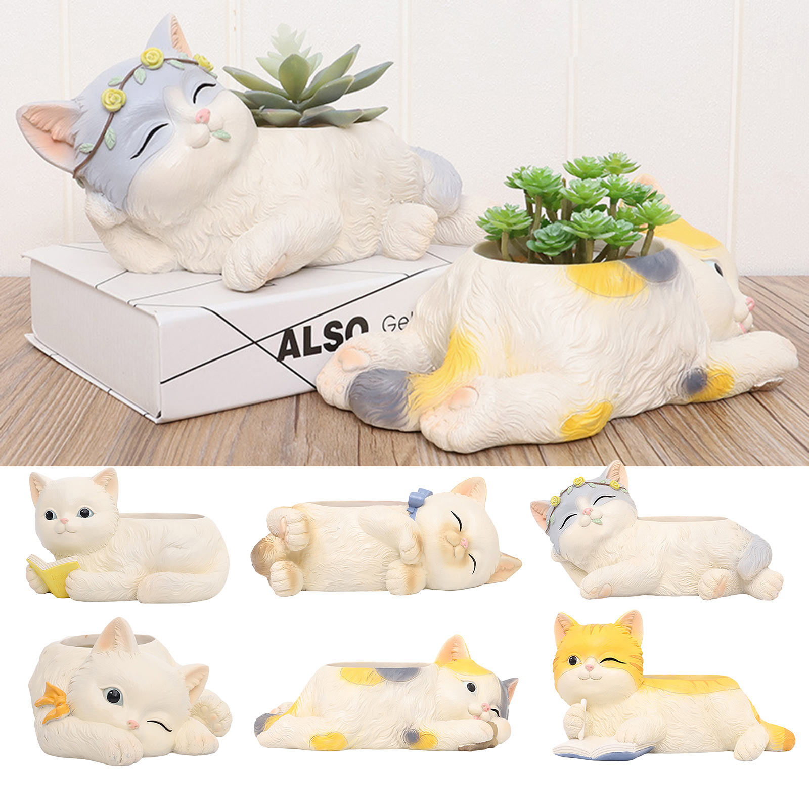 Mini Cartoon Flower Pots Home Decoration Vase Resin Cat Shape Planter for Home Garden Office Desktop Decoration