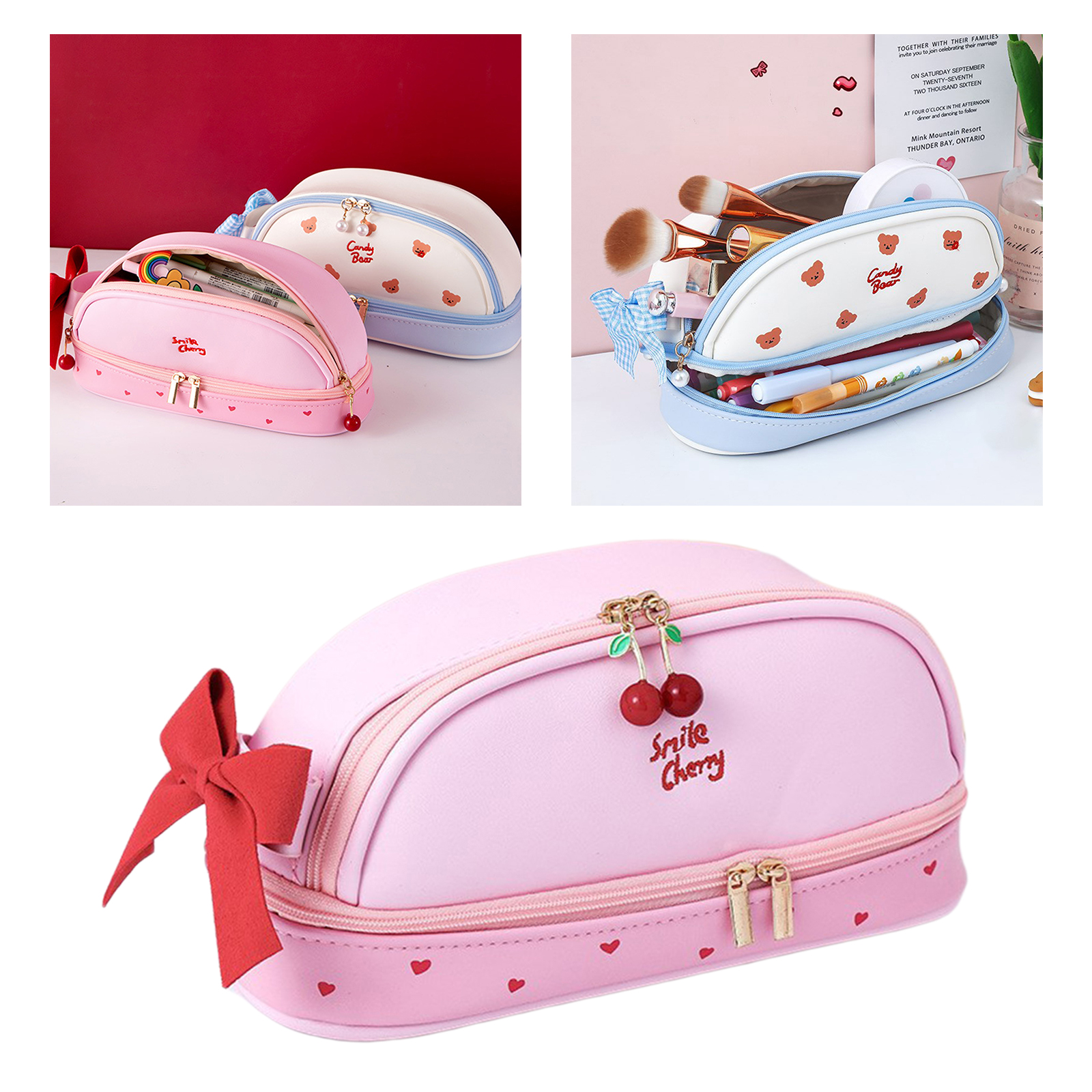 Lovely Pencil Case Stationery Storage Dual Zippered Pen Pouch Cosmetic Bag for Girls Gift