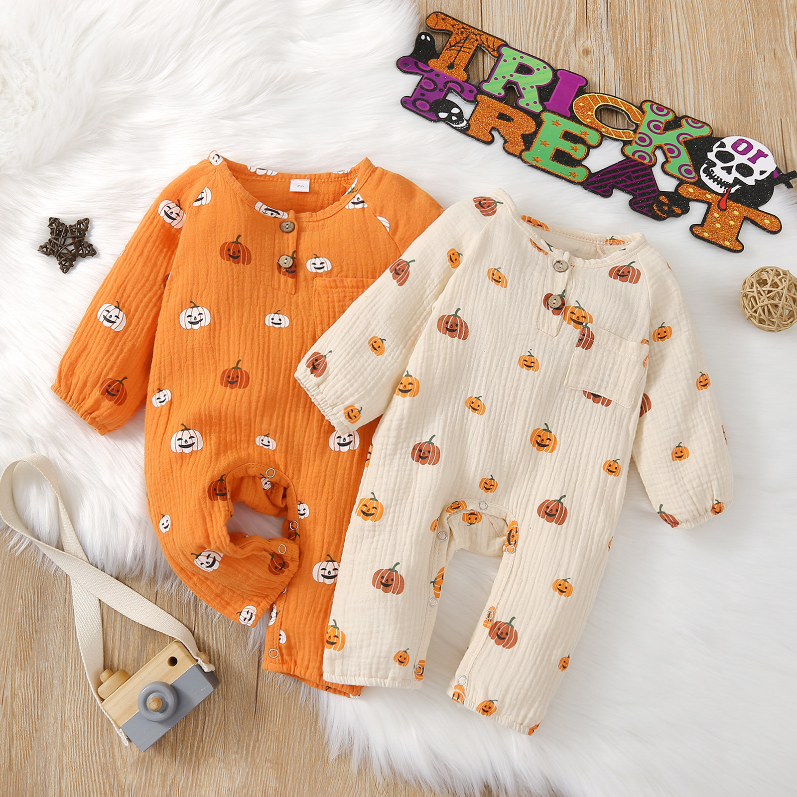 Infant Baby Halloween Overall, Kürbis Druck Oansatz Lange Hülsenspielanzug mit Tasten für Kleinkind Mädchen, Jungen, 0-18 monate – Detail 1