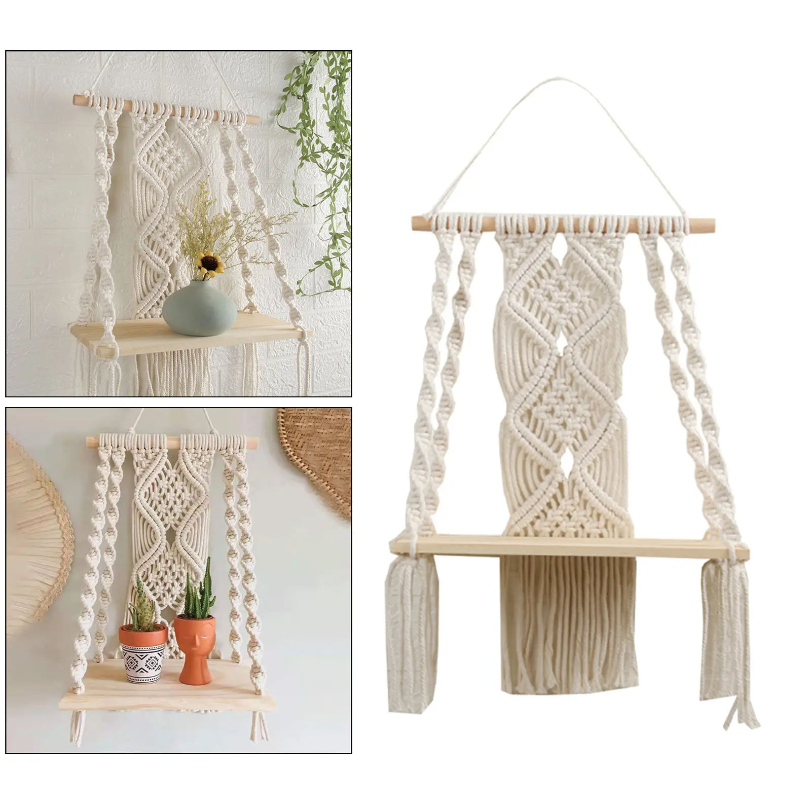 50x30cm Tapestry Wall Shelf Woven Macrame Flower Rack Wood Shelf Home Decor