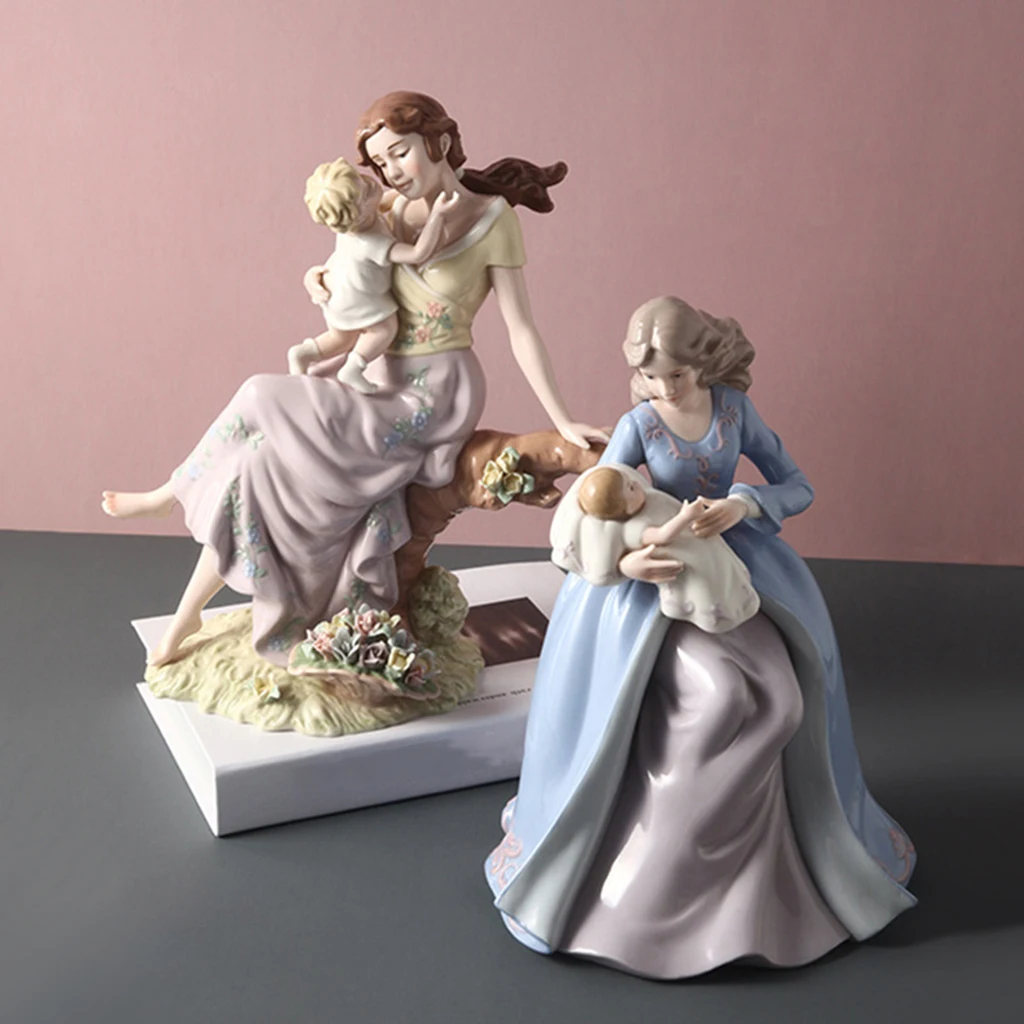 Nordic Ceramic Mother and Kid Character Statue Hand-Painted Figure Modern Home Bookshelf Tabletop Decor Crafts Ornaments