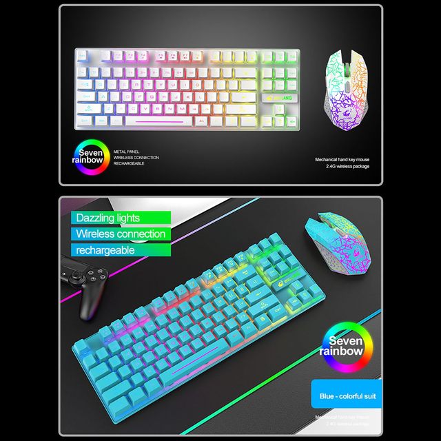 Wireless Gaming Keyboard Mouse & Mouse Pad Combo,3 in 1 Rainbow Backlit  Rechargeable Keyboard with 3800mAh Battery Metal Panel Removable Hand  Rest,RGB