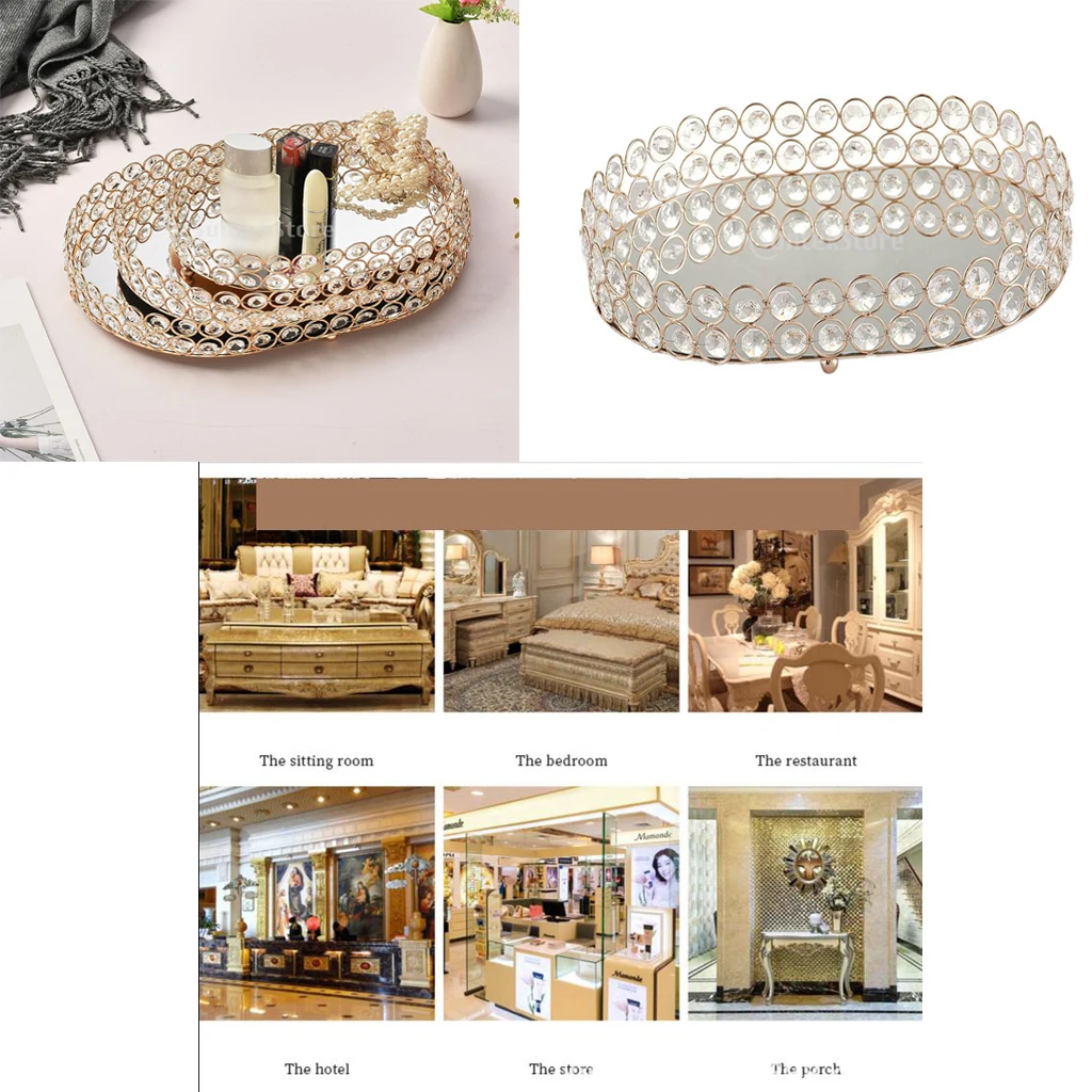 European Mirror Glass Metal Storage Tray Gold Oval Fruit Plate Desktop Small Items Jewelry Display Tray Plate