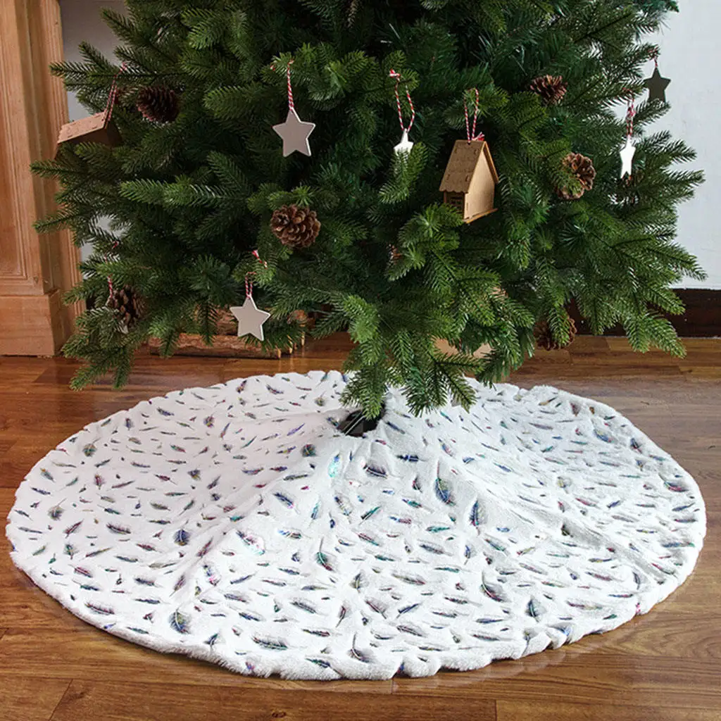 Cloth Feathers Christmas Tree Skirt Soft Thick Snowy White Rustic Tree Mat Holiday Party Decor