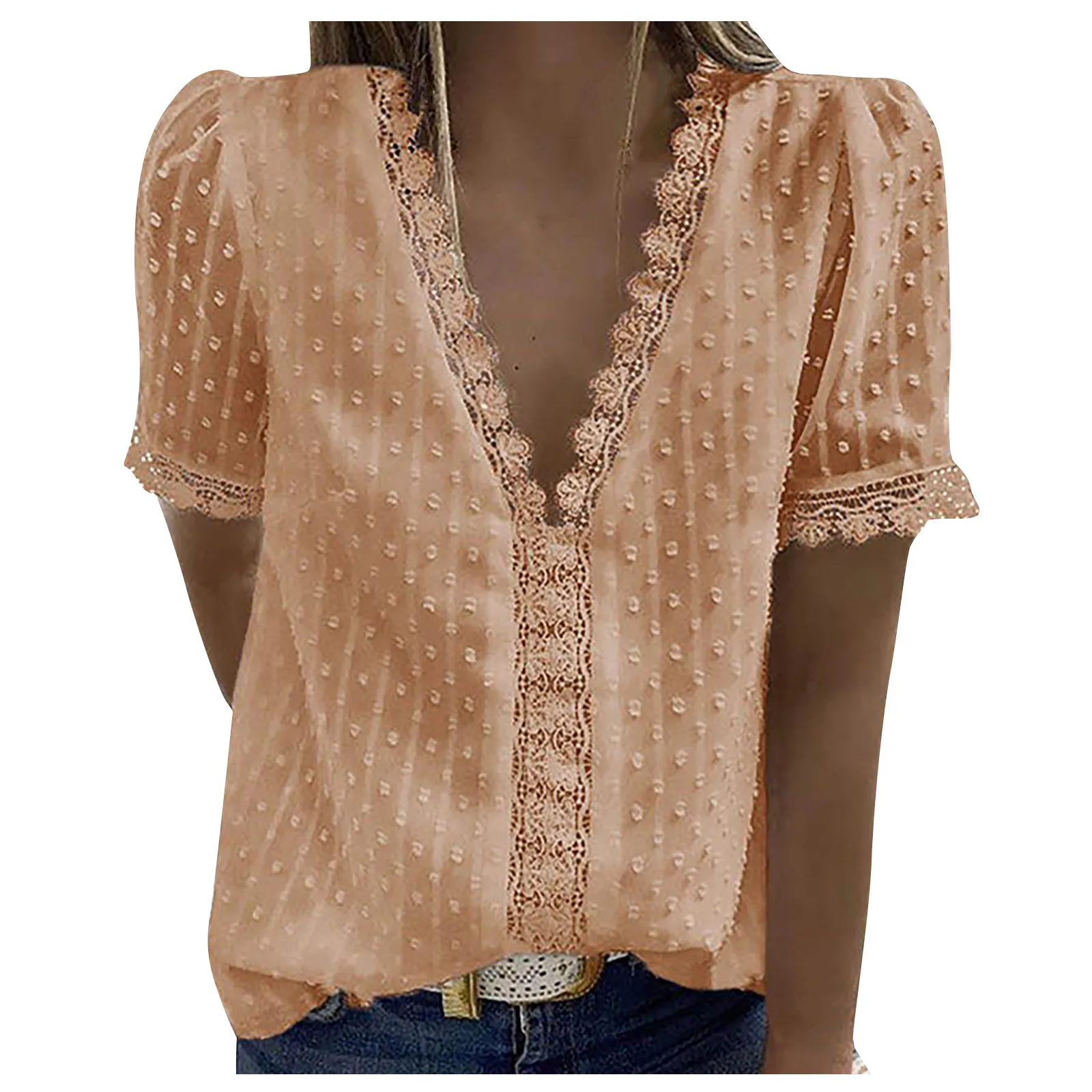 Women Blouse Tops Lace Short Sleeve Large size Loose Casual shirt V-neck Solid Color Top Summer Casual Blouses 