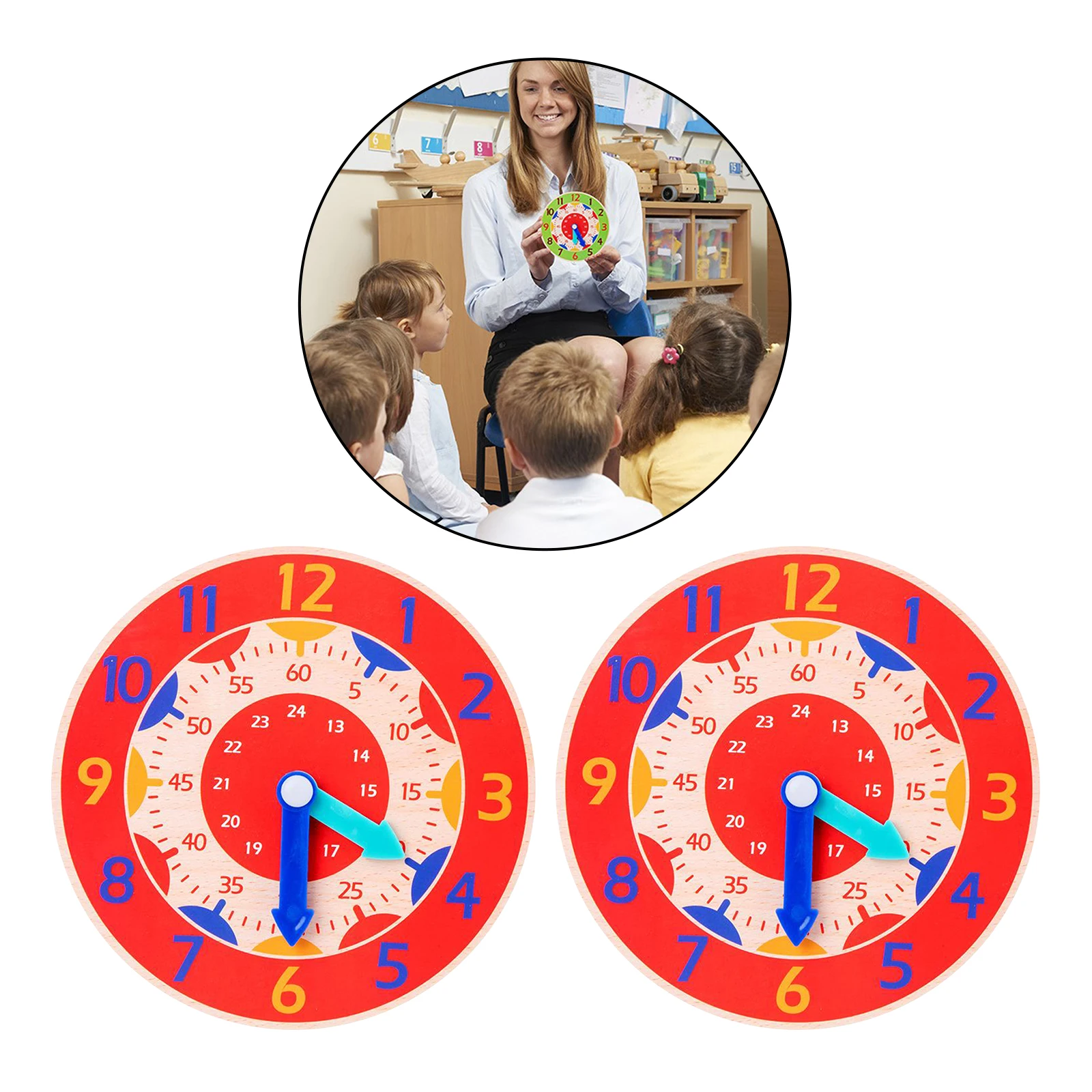 Set of 2 Montessori Wooden Clock Toy Learning Time Teaching Aids for Kids