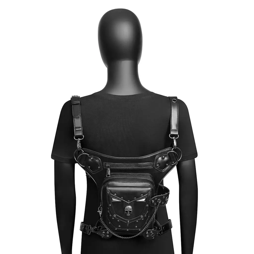 PU Leather Shoulder Bag, Vintage Steampunk Punk Skull Handbag, Waist Packs Bag, Gothic Leg Bag, Black