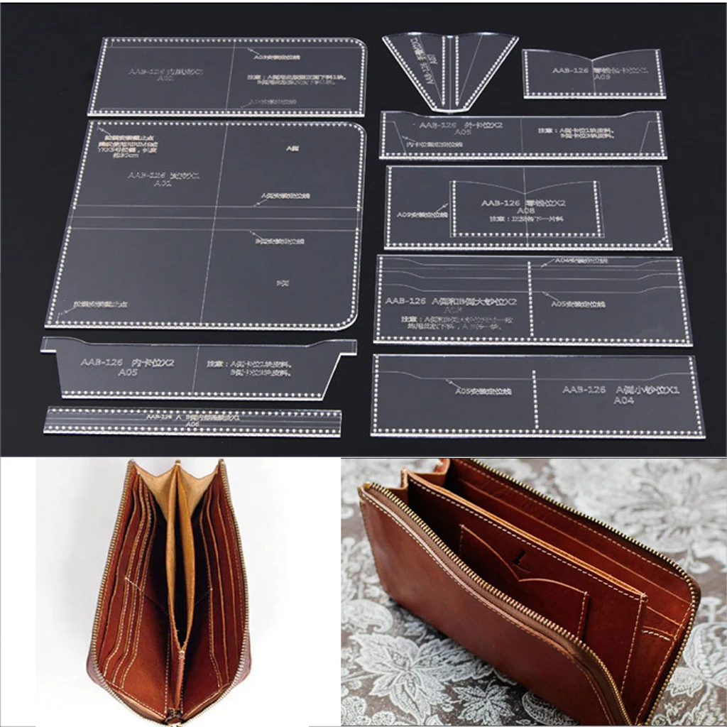10pcs/set Acrylic Wallet Purse Pattern Stencil Template DIY Leather Craft