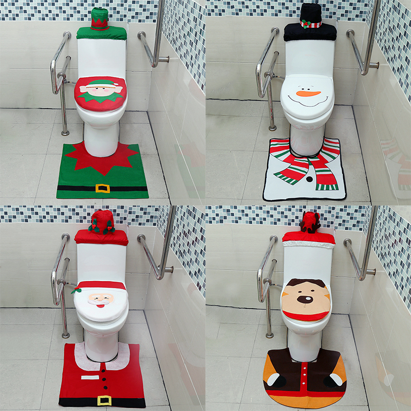 Set Déco Toilette De Noël - 3 Pièces (siège, Réservoir, Tapis) - Ambiance Festive Pour La Salle De Bain