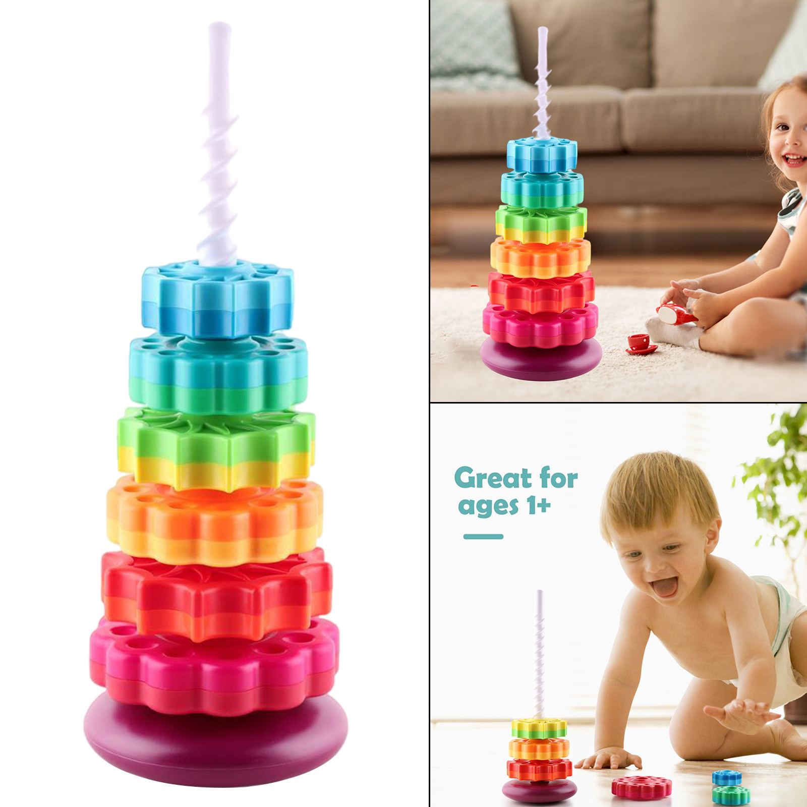 Plastic Rainbow Tower Stacking Toy Shape Color Recognition Building Blocks
