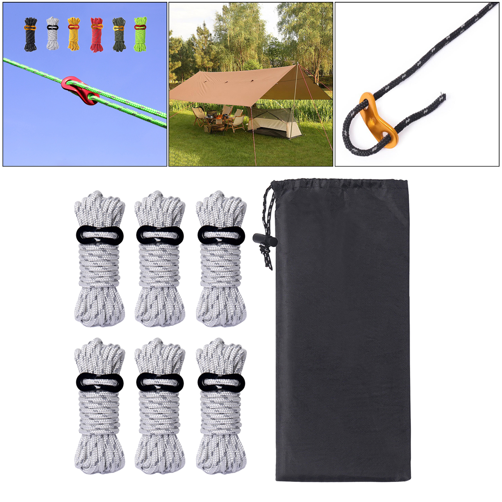 6psc/set Outdoor Camping Tent Cord Windbreak Reflective Wind Rope With Rope Buckle