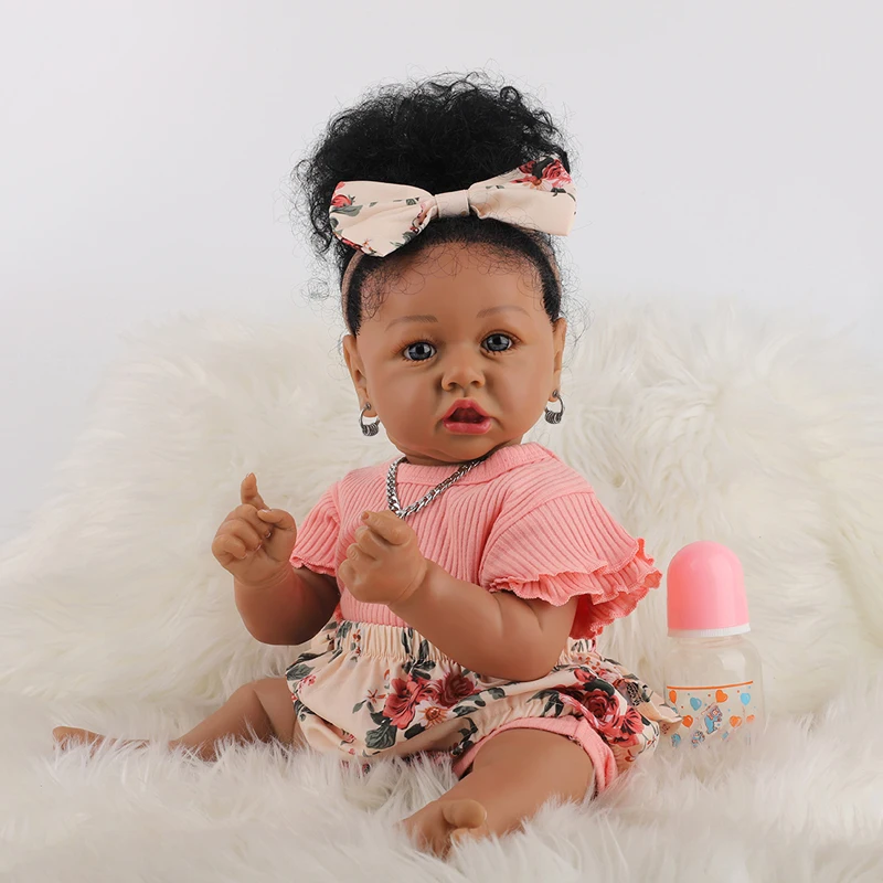 58Cm Reborn Toddler Saskia In Dark Brown Skin Color Soft Body African American Cuddly Princess Baby Girl Doll Hand-Rooted Hair