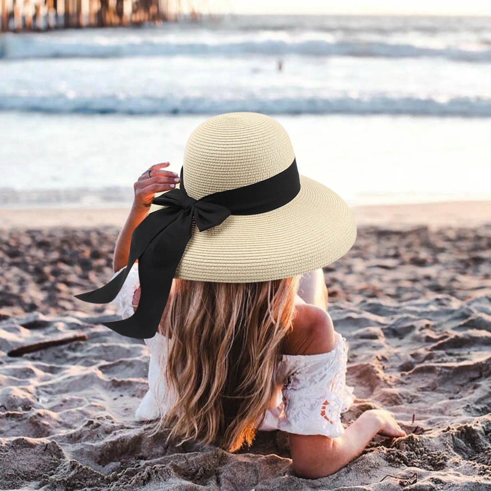 Sombrero De La Playa del Bowknot，Plegable Y Protector Solar con CordóN Sombrero para El Sol para Mujer Sombrero De Paja Flexible De ala Ancha Plegable 
