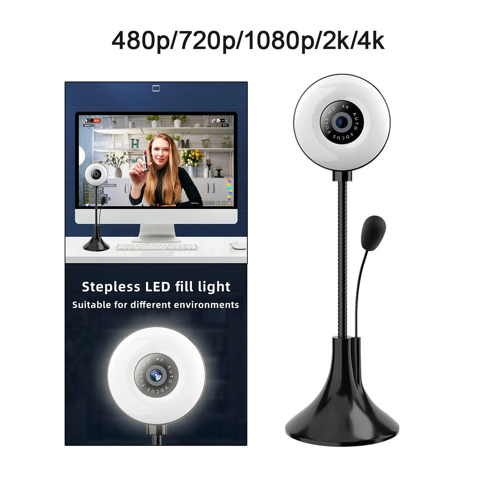 Webcam 4K Light Correction AK Clear AutoFocus Smart 4K Lens Group Rotatable Wide Field of View Web Camera for Zoom Webcast