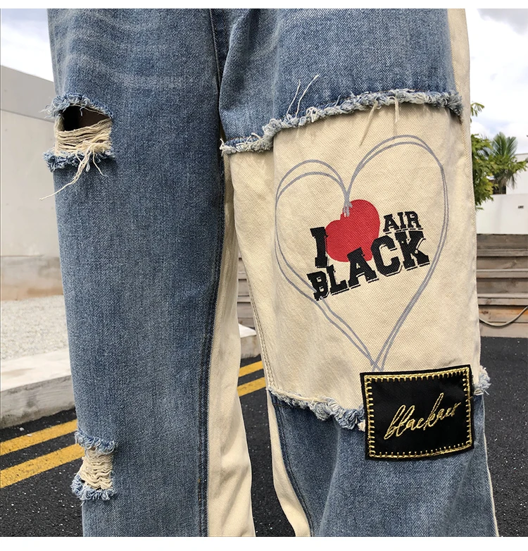 Men's and women's trendy brand, hip-hop, color matching tooling jeans, patchwork large size, high street retro jeans jeans men