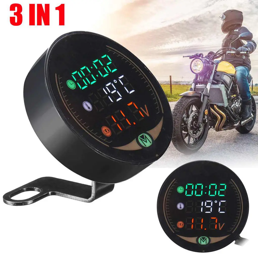 3 in 1 Electronic LCD Luminous Clock Digital Thermometer Temperature Gauge Voltmeter Clock Universal for Motorcycle Motorbike