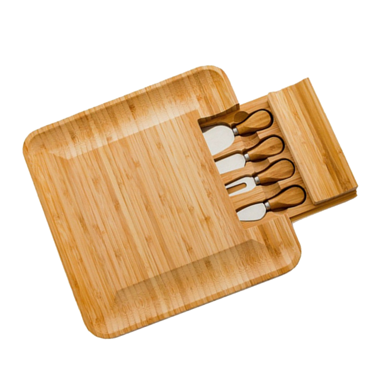 Square Bamboo Cheese Board  Platter & Knife Set Slide-Out Drawer