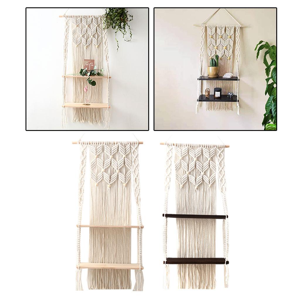 Bohemian Handwoven Tapestry Wall Hanging Shelf Decor 2 Tiers for Living Room Bedroom Picture Frame Home Storage Organizer