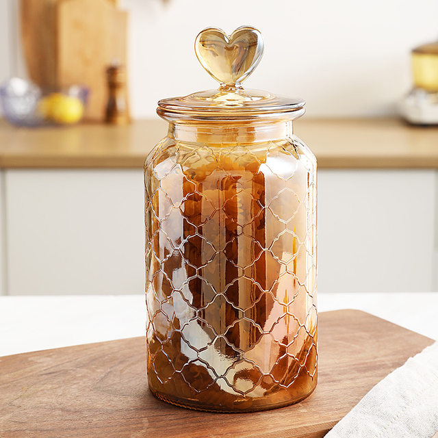 Amber Heart Glass Bottle Sealed Jar with Lid Kitchen Food Storage