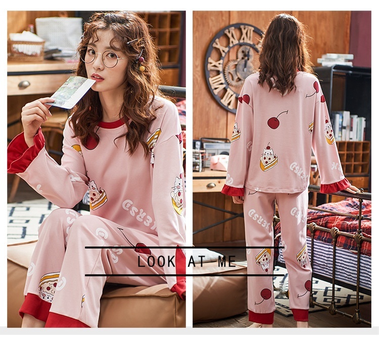 Algodão dos Desenhos Comprida + Calça Slpbely Feminino Pijamas Conjunto Nightwear Primavera Bonito Animados Manga Casual Casa Roupas 10 High Quality Pijamas e Moda Íntima