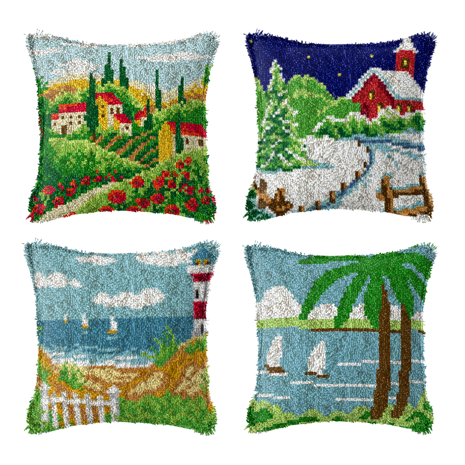 Latch Hook Kits for Adults Embroidery Crocheting Kits Four Beauty Patterns DIY Carpet Rug Embroidery Landscape Decor 43×43cm
