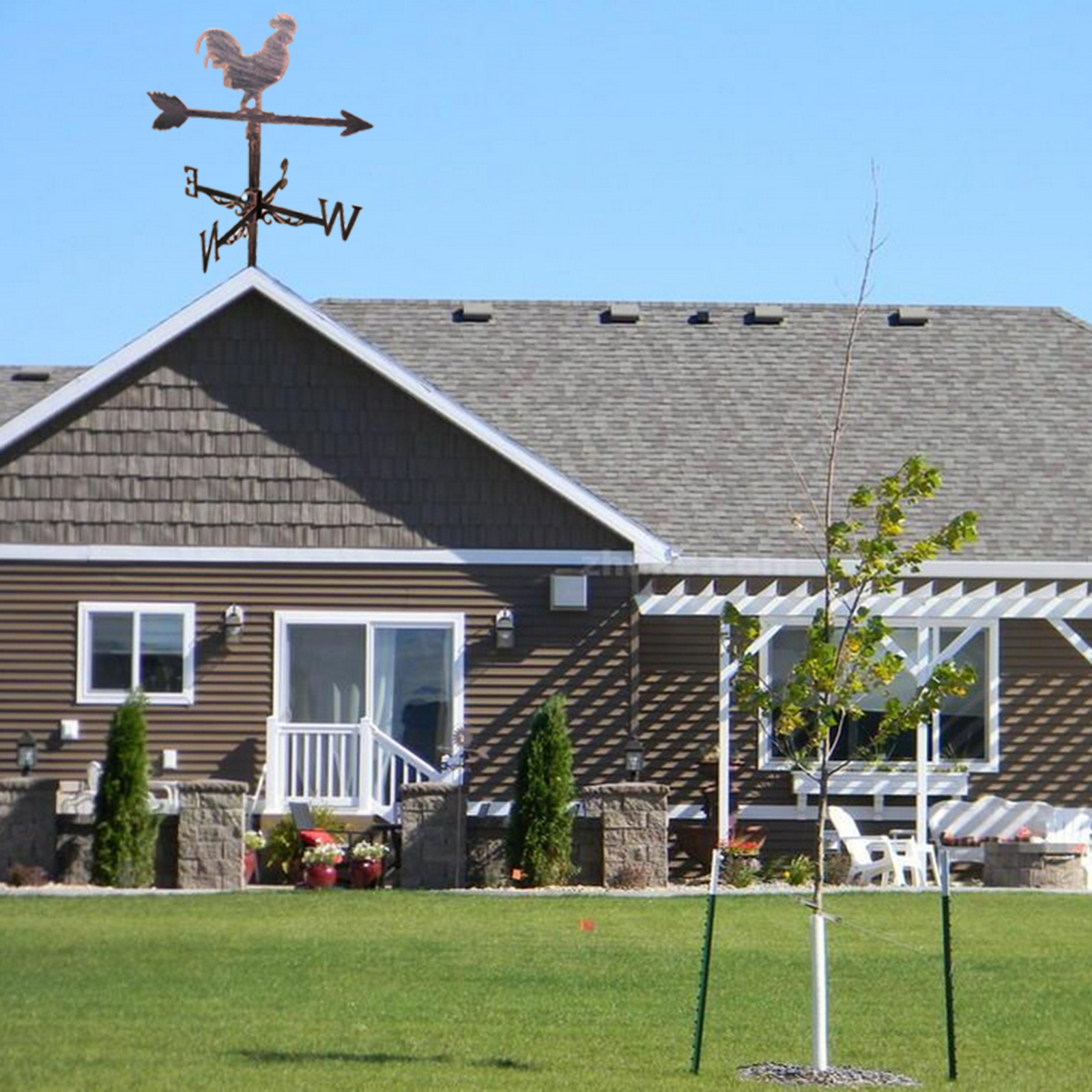 Farmhouse Rooster Weather Vane Roof Mount Rod, Wind Direction Indicator Outdoor Metal Bracket Weather Vane