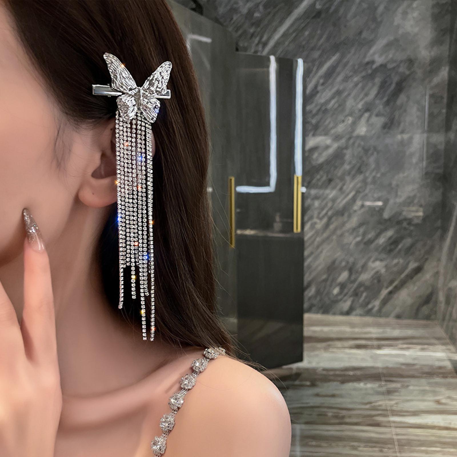 Women Fashion Butterfly Diamond Tassel Hairpin Side Bangs Clip Broken Hair Duckbill Clip Personality Super Long Hair Accessories