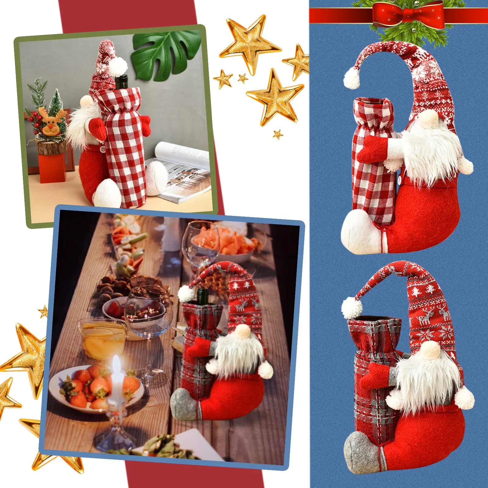 callm Christmas Wine Bottle Decor Gray Red Wine Bottle Cover Bags Faceless Dolls Wine Bottles Set Embroidery Old Mans Toys Christmas Decoration Home Party Santa Claus Christmas 