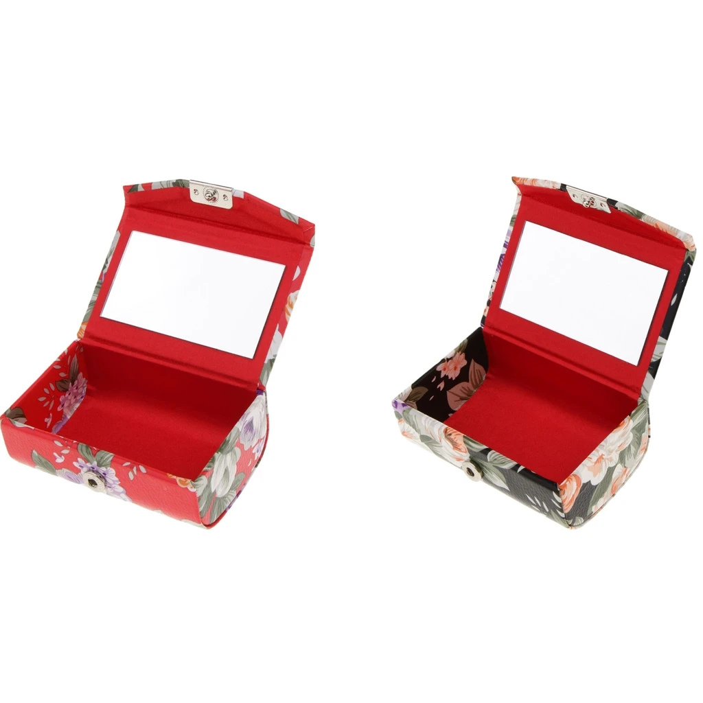 PU Leather Lipstick Case Holder Box Carry Bag With Mirror & Snap-On Closure