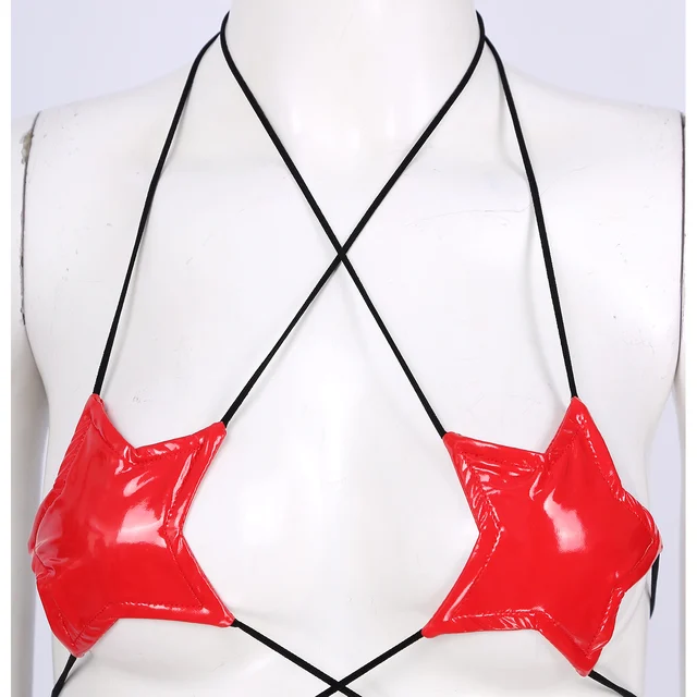 Womens Bikini Swimsuit Bra Tops Halter Neck Strappy Wrap Around Star Shape  Bralette Wet Look Patent Leather Lingerie Brassiere