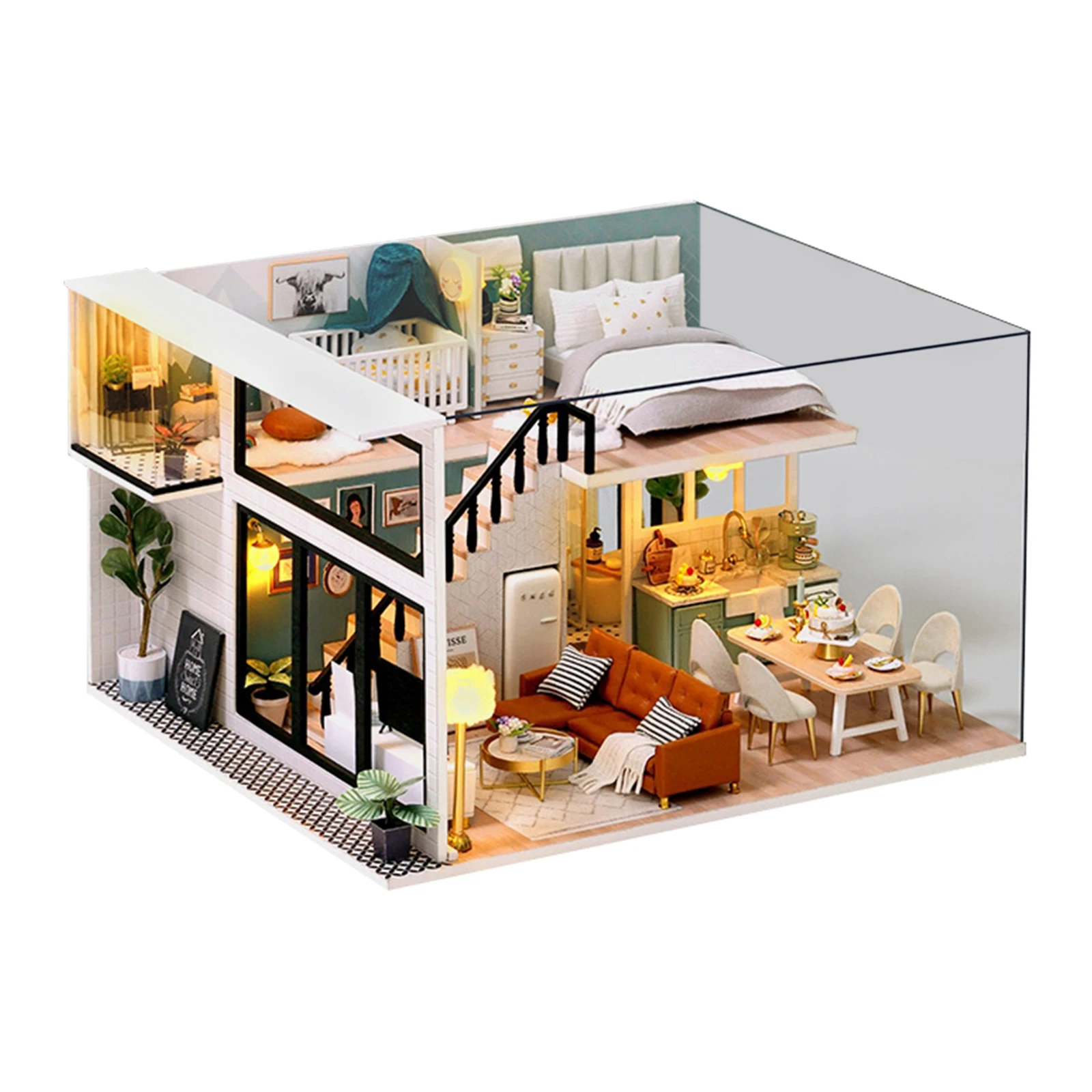 DIY Dollhouse Kit with Furniture, Lights, and Ornaments Plants 1:24 Scale Wooden