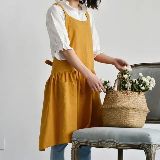 Delantal japonés simple de algodón y lino, empalme de color sólido, arte,  cocina doméstica, arte de flores, delantal antiincrustante - AliExpress