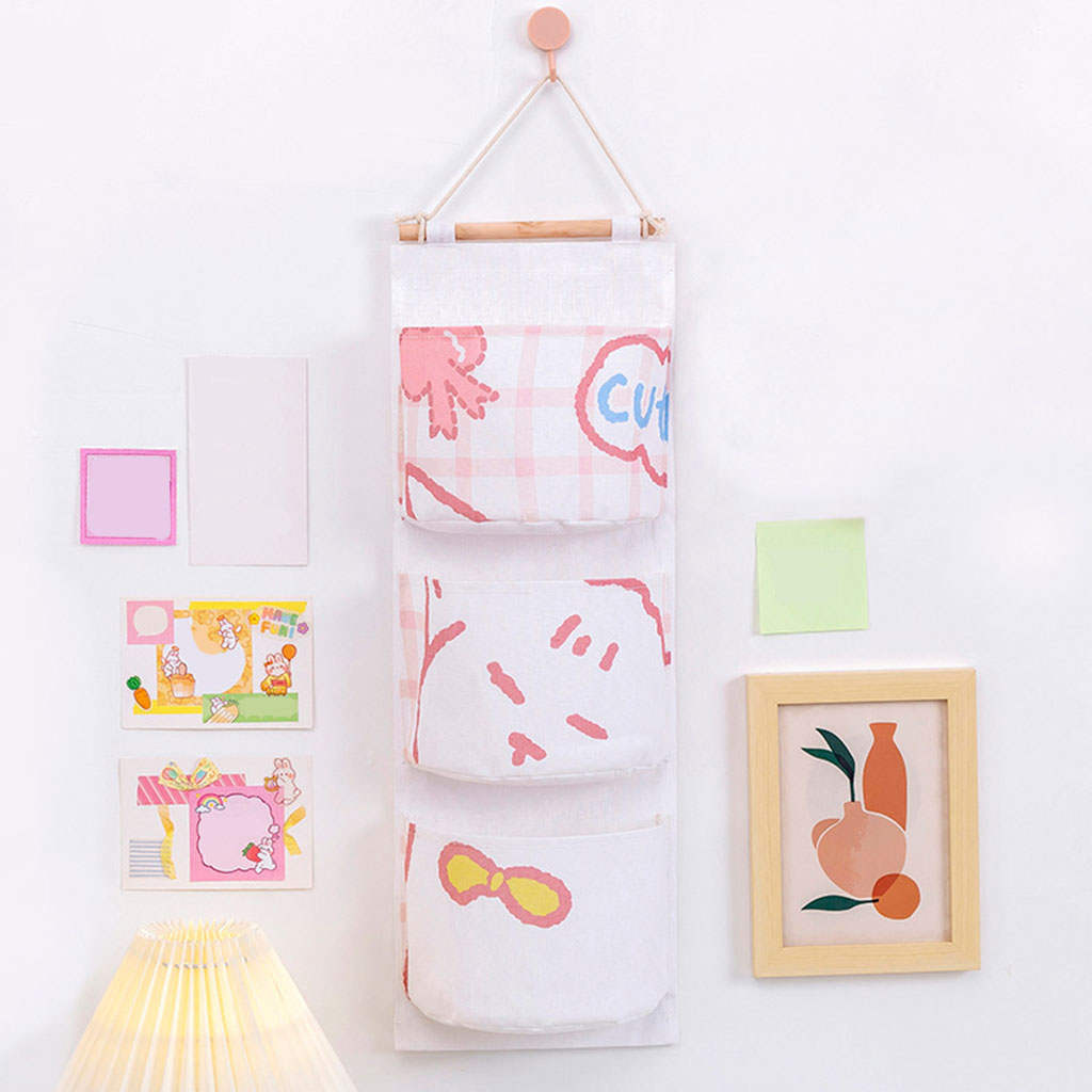 Cute Wall Hanging Storage Bag 3 Pockets Organizer Closet Pouch Waterproof Door Cotton for Keys Wardrobe Toys Cosmetic Home Decor