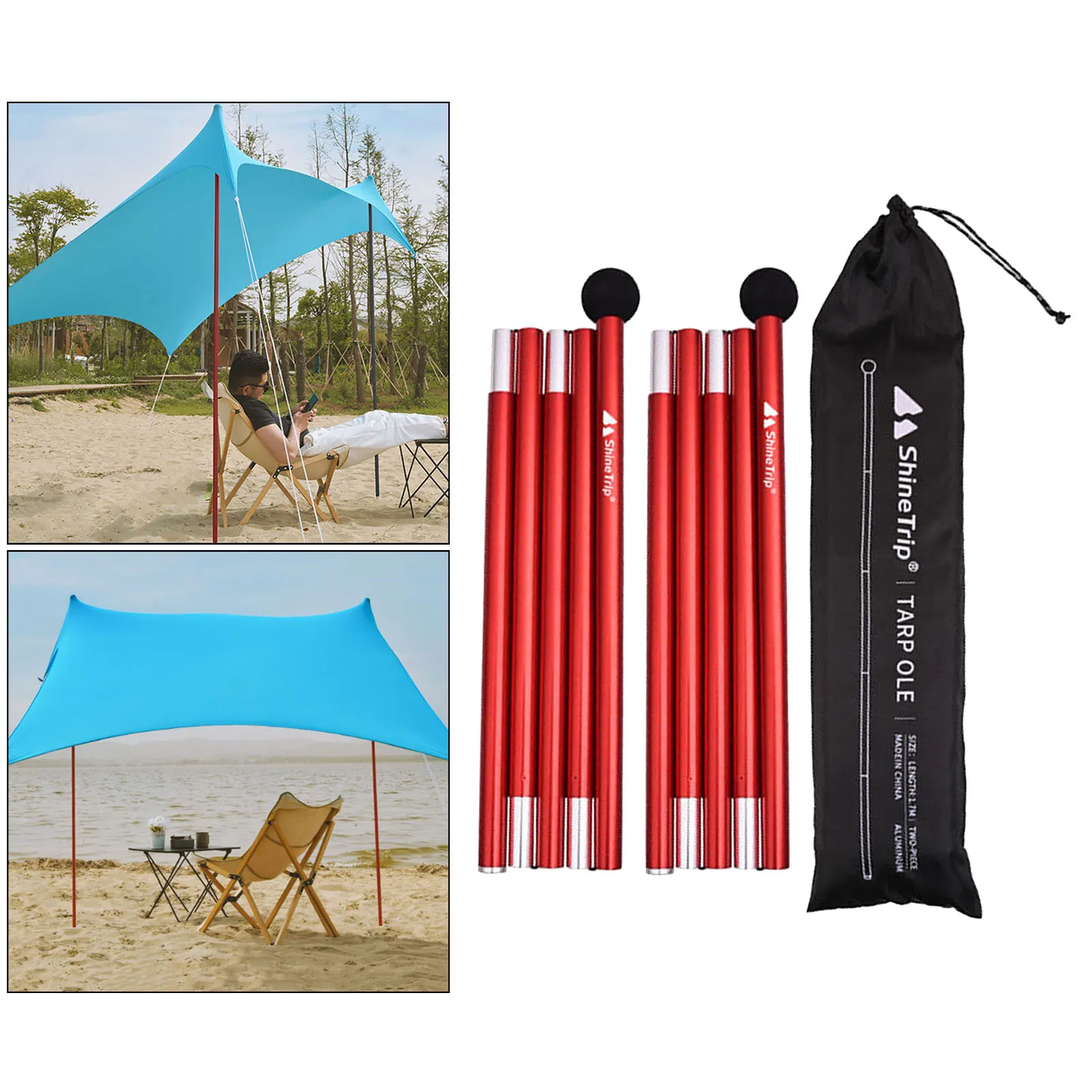 2x Tarp Poles Adjustable Rods Tent Tarps Foldable Rain Fly W/ Storage Bag
