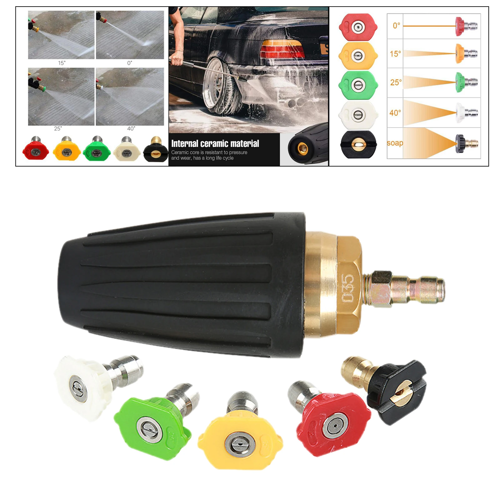 Power High Pressure Washer Wand Extension Set Adapter 3000 PSI Turbo Spray Nozzle and 5 Tips 1/4 inch Quick Connect