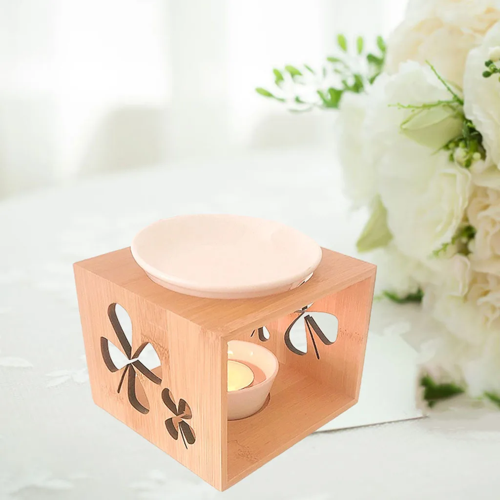 Delicate Romantic Wooden Frame Ceramic Tealight Candle Holder Oil Burner Oil Aroma Diffuser Home Living Room Decor Decoration