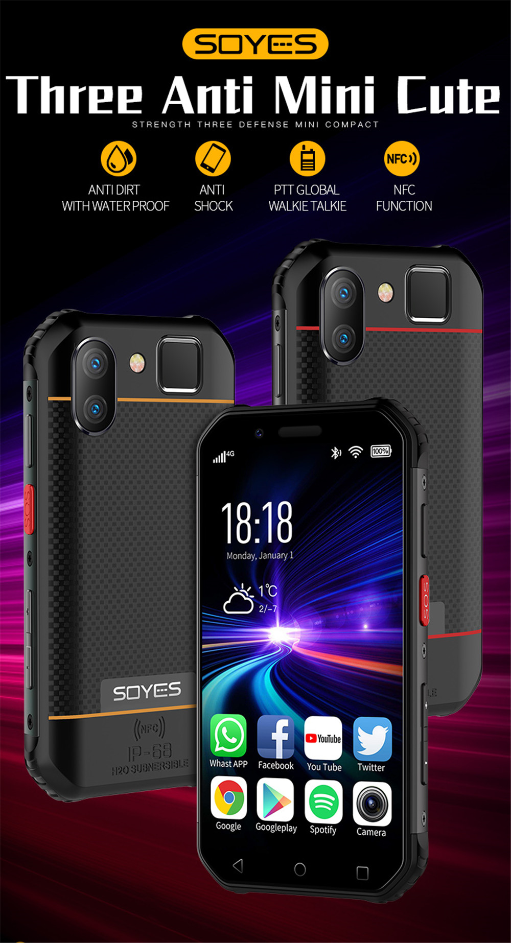 H11d9733062364bf691c0c67d5f106c03P - SOYES S10 3GB RAM 64GB ROM Mini Smartphone 3.0 Inch 1900mAh 4G LTE Android 6.0 MTK6737 GPS Fingerprint Face ID Rugged Phone