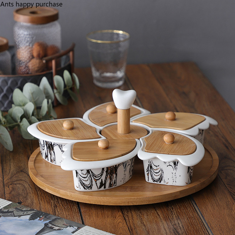 Ceramic Snack Tray With Wooden Lid Rotatable 5 Grids Snack Bowl Wood Surfaces Dessert Fruit Plate Decorative Plate Tableware