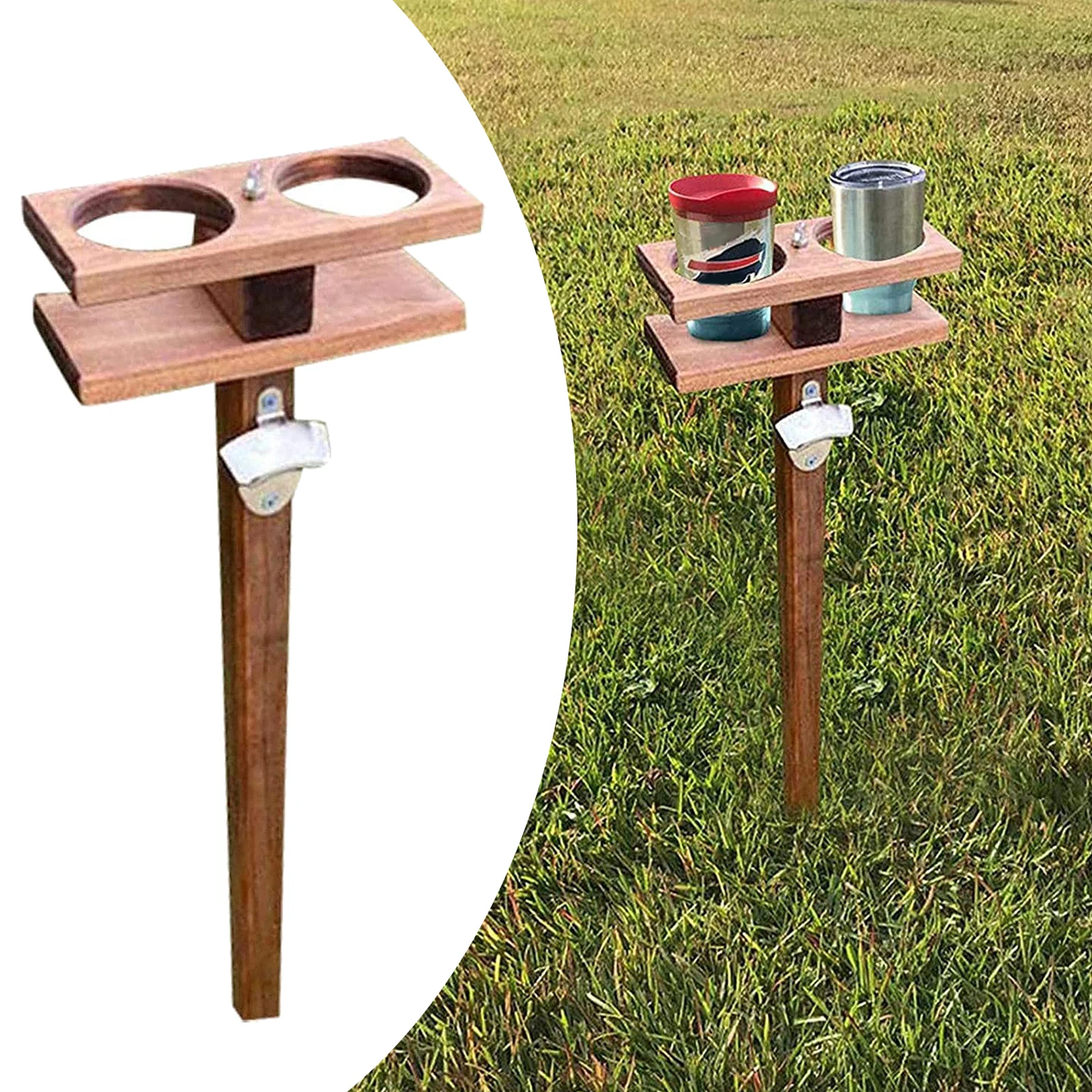 Portable Folding Wooden Outdoor Wines Table, Compact BBQ Beach Beer Bottles