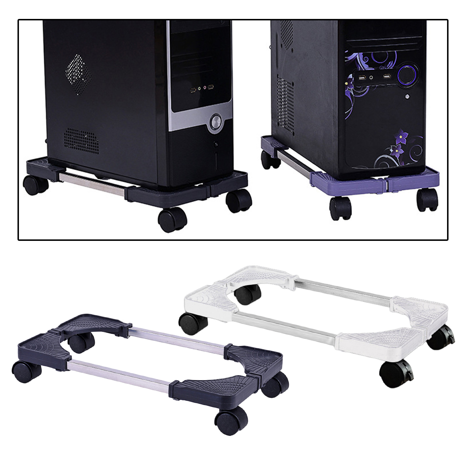 PC Desktop CPU Stand Holder Computer Tower Rolling Wheels Width Adjustable