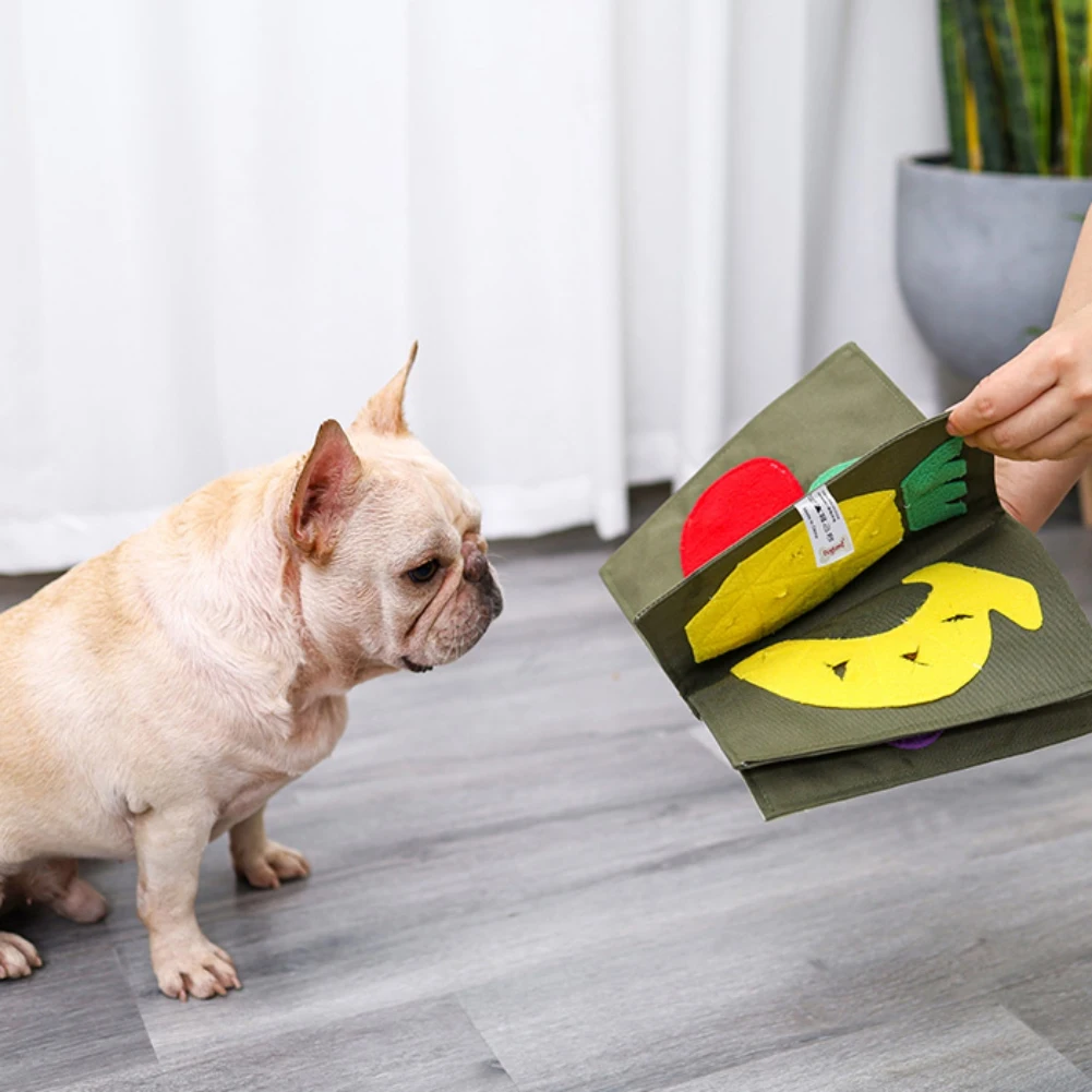 Un perro pequeño, que parece ser un Bulldog Francés, sentado sobre un suelo de madera. Frente al perro, hay una persona sosteniendo una prenda de tela que parece un juguete o una prenda de vestir con un diseño de plátano y zanahoria.