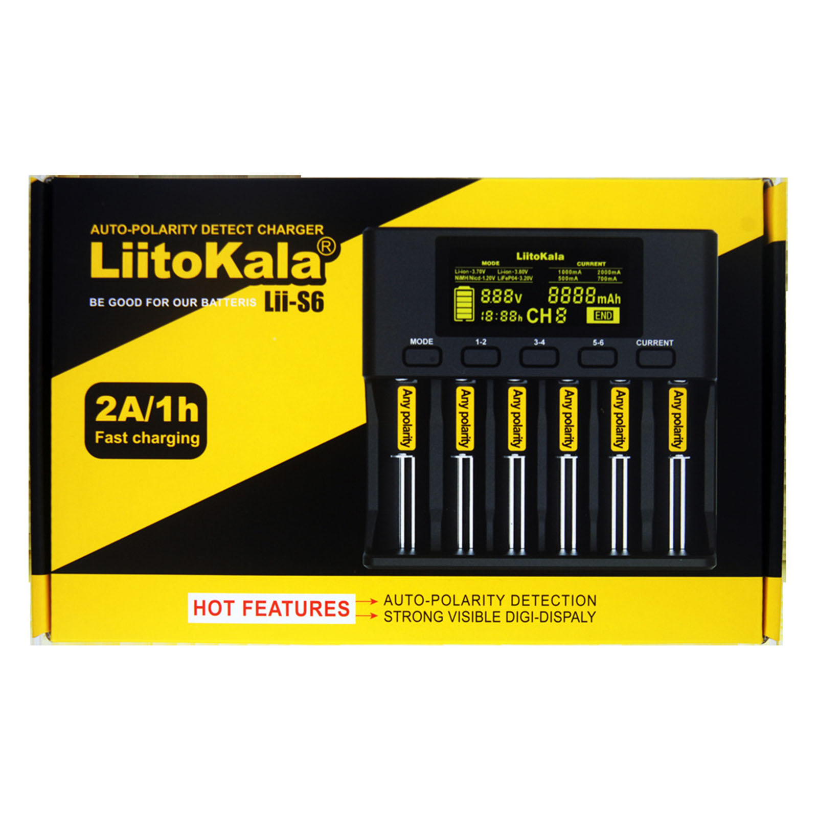 Plastic 6-Slot 18650 Battery Charger for 18350 32650 AA AAA Li-ion LiFePO4 Ni-MH Batteries Car-Polarity Detection EU Plug Black