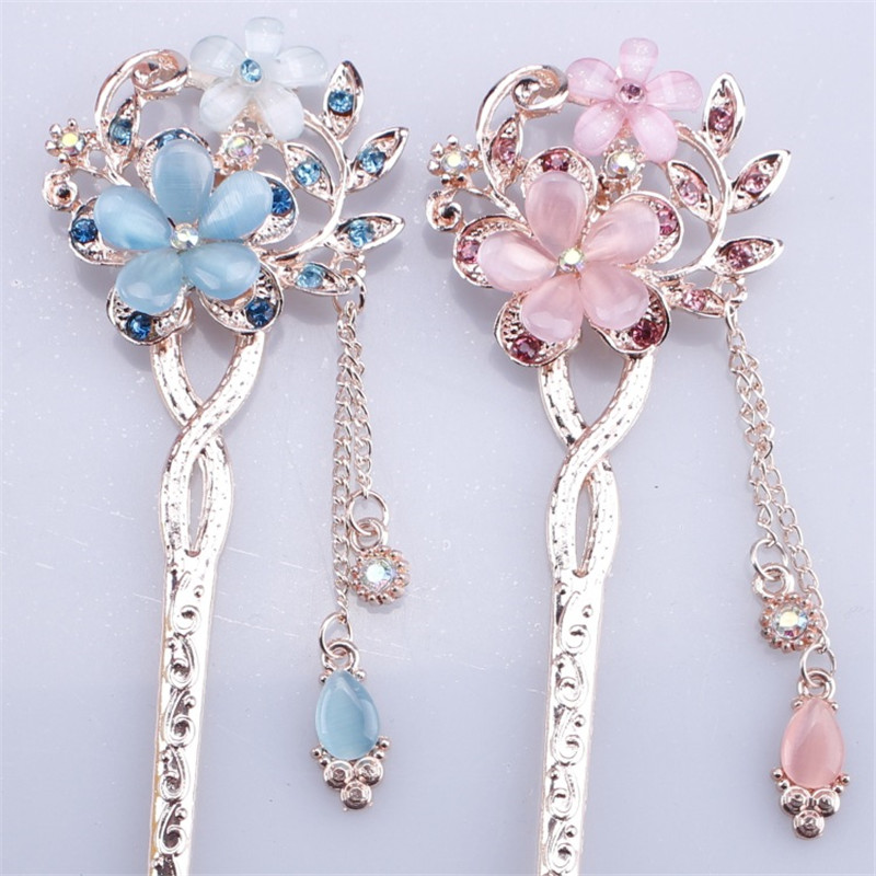 Best of Wholesale Cat Eye Stone Hair Pin Double Flower Hair Clip Classical Hairpin Barrette Hair Accessories National Wind Headweard Reviews & Tips