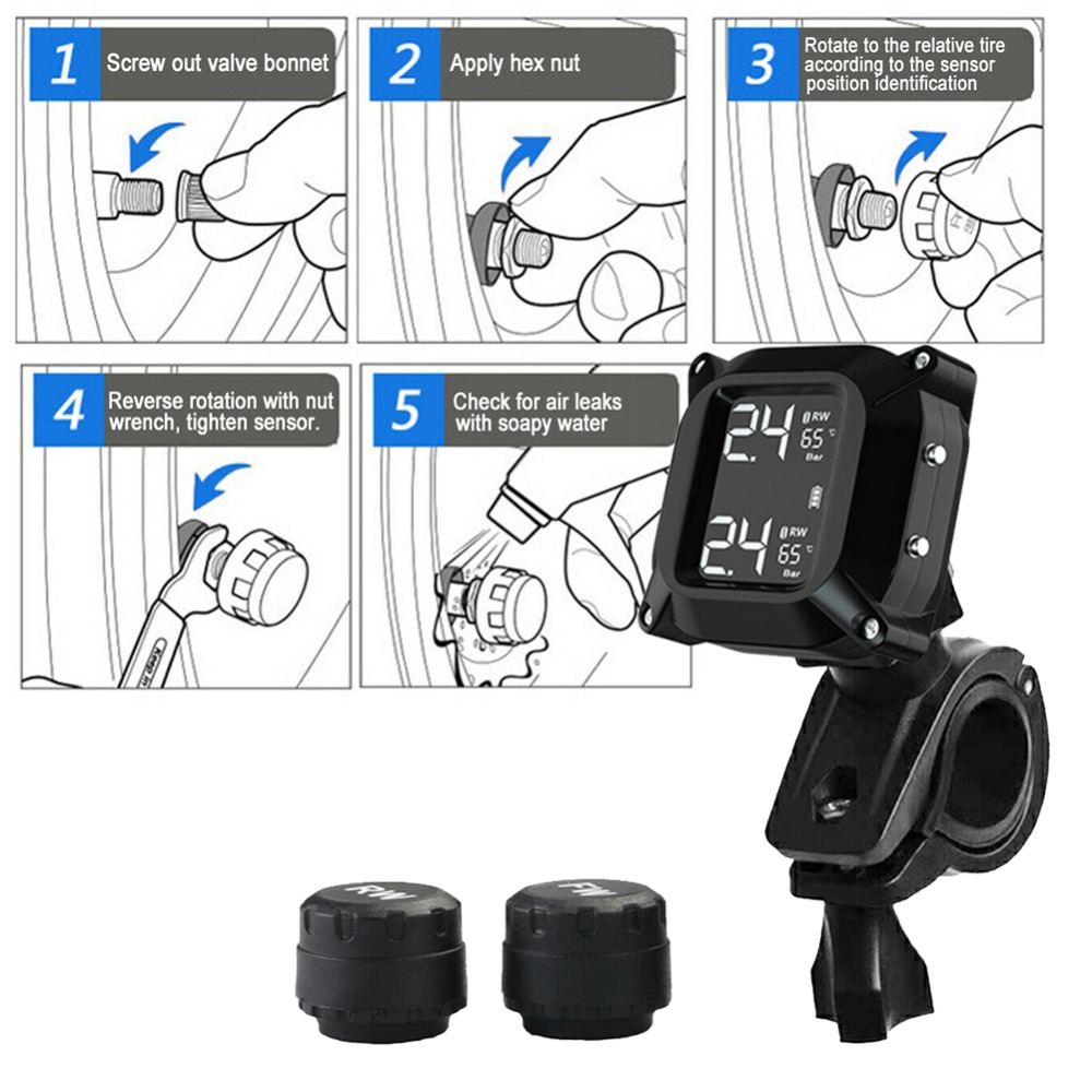 Tire Pressure Monitoring System Large LCD with 2 Tmps Sensor Waterproof Tire Position Exchange for Motorcycle RV Trailer