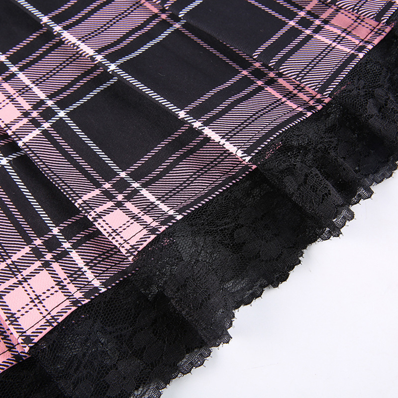 Lace Up Goth Y2k Woman Skirts Pink Stripe Plaid Lace Trim Pleated