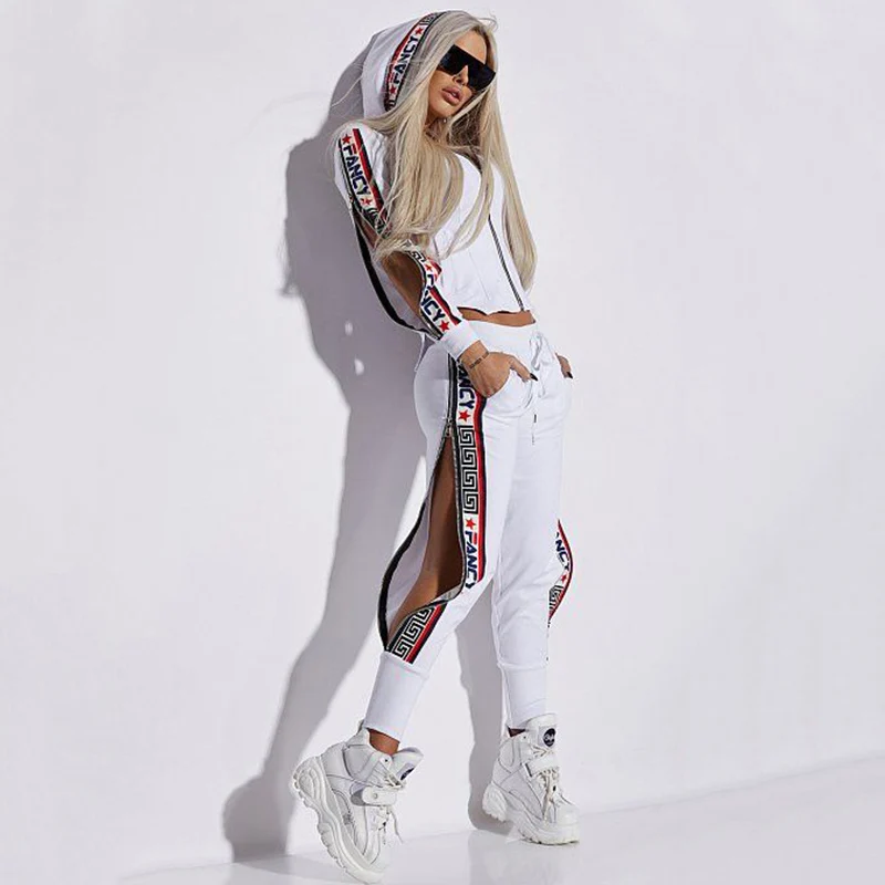 Oshoplive Split-Side Hooded Jackets&Pants Suits Casual Letter Print 2 Piece Set Women Zipper Gym Set Women Leisure Sportswear plaid pants